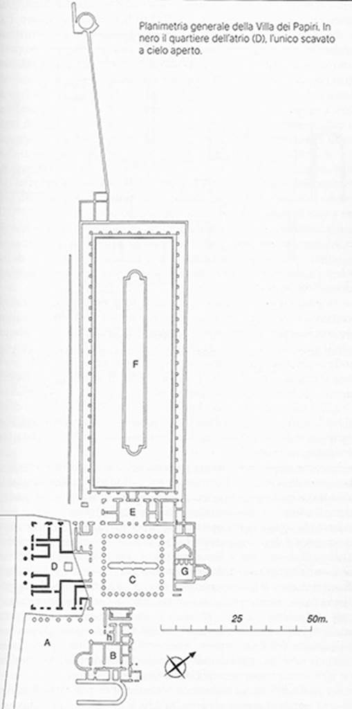 Villa dei Papiri, Herculaneum. Plan of villa showing the only excavated area that is in the open-air (D) in thicker black lines.
See Guidobaldi, M. P., 2006. Ercolano: guida agli scavi. Electa Napoli, p. 122.
See Pesando F., Guidobaldi M., 2006. Pompei, Oplontis, Ercolano, Stabiae. Roma: Laterza, p. 393.