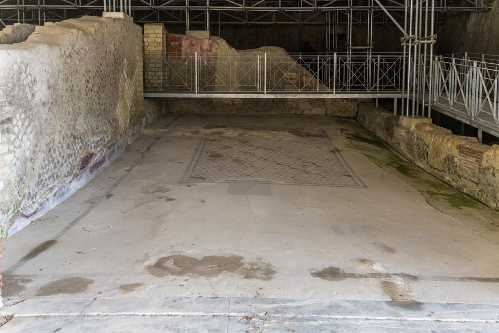 Herculaneum Villa dei Papiri. October 2023. 
Looking north from threshold into room (i), triclinium. The metal walk-way on the right is above the area of room (m). Photo courtesy of Johannes Eber. 
