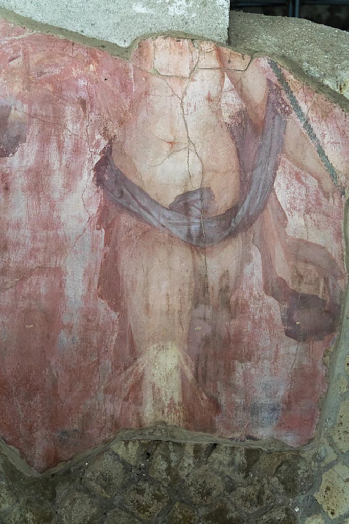 Herculaneum Villa dei Papiri. October 2023. 
Triclinium, room (i), detail of figure on north wall. Photo courtesy of Johannes Eber. 

