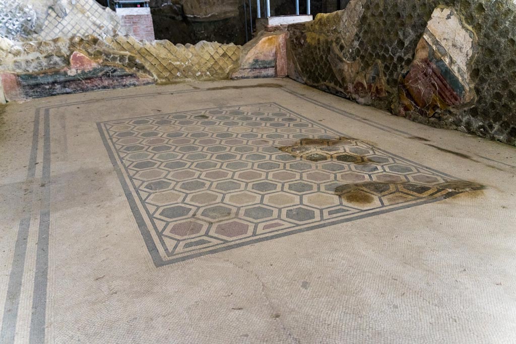 Herculaneum Villa dei Papiri. October 2023. Room (f), looking across flooring towards north-east corner. Photo courtesy of Johannes Eber.