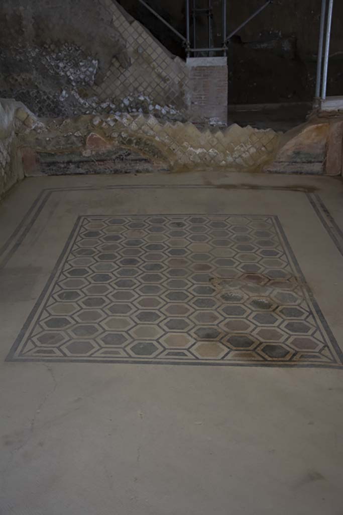 Villa dei Papiri, March 2019. Multicolour geometric mosaic floor in room (f), oecus.
Foto Annette Haug, ERC Grant 681269 DÉCOR.

