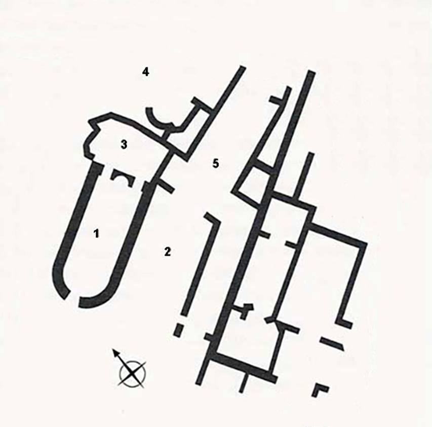 South-western baths, Herculaneum. Plan of baths showing outline of adjacent villa, based on 2003 plan by Pastore.
The room numbers for the baths (1 to 5) are those used on these pompeiiinpictures pages but may differ from those used elsewhere.
See Pesando, F. and Guidobaldi, M.P. (2006). Pompei, Oplontis, Ercolano, Stabiae. Editori Laterza, (p. 389).