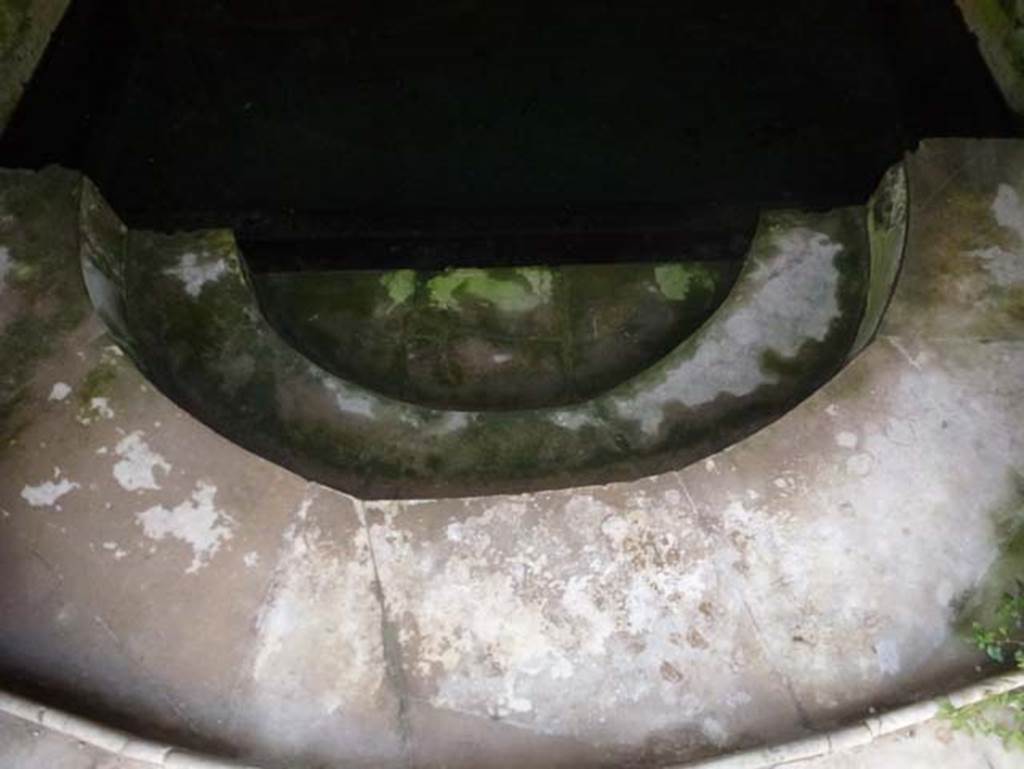 South-western baths, Herculaneum. June 2012. South end of pool, steps descending into water at the semi-circular end of the pool.
Photo courtesy of Michael Binns.