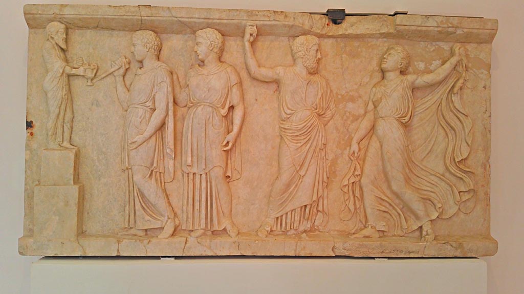 House of Dionysiac Reliefs, Herculaneum.
Second marble relief with Dionysian scenes. (Augustan period). Now in Herculaneum deposits. Photo courtesy of Giuseppe Ciaramella.