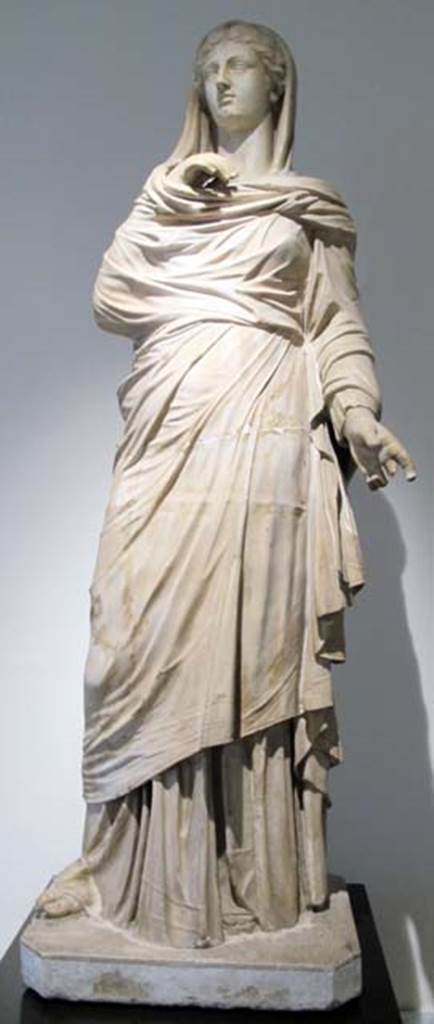 Villa dei Papiri, Herculaneum. Female marble statue. Found in 1753, north wall of peristyle.
Now in Naples Archaeological Museum. Inventory number 6240.