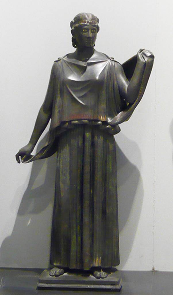 Villa dei Papiri, Herculaneum. Bronze statue of dancer.
Found in 1754, along south portico on right side.
Now in Naples Archaeological Museum. Inventory number 5621.
Photo courtesy of Buzz Ferebee.