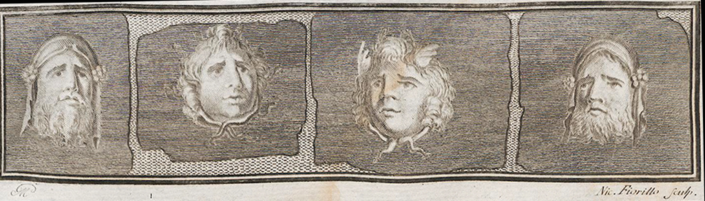 Villa dei Papiri, Herculaneum. Engraving by Nicola Fiorillo of heads of Silenus and Medusa, after drawings by Giovanni Elia Morghen.
Now in Naples Archaeological Museum. Inventory number (from left to right), 8821A, 8821C, 8821B, and 8821D.
See Antichità di Ercolano: Tomo Quarto: Le Pitture 4, 1765, p.17