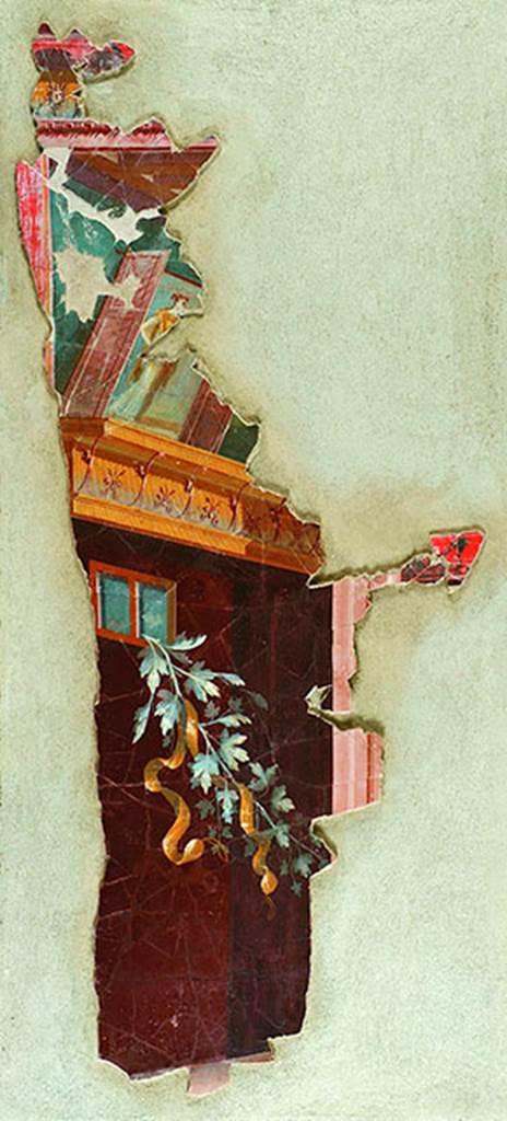 Villa dei Papiri, Herculaneum. Oecus (g). South wall, east part.
Fresco fragment of a panel with branch entering from a window.
A red-brown wall has a small window facing an open space, of which only the blue of the sky can be recognized.
From the grating of the window hangs a branch of vine on which is hung a yellow ribbon.
The wall is completed at the top by a golden shelf largely occupied by a pinax with doors, seen in perspective.
The two open doors, allow a glimpse of a female figure standing, with a grey-blue dress, covered with a yellow coat.
Above this is a coffered ceiling in perspective, which suggests the presence of another room.
See Esposito D., 2010. Le pitture della Villa dei Papiri ad Ercolano in La Villa Romaine de Boscoreale et ses Fresques. édicions errance: Musée royal de Mariemont. p. 217, fig. 11.