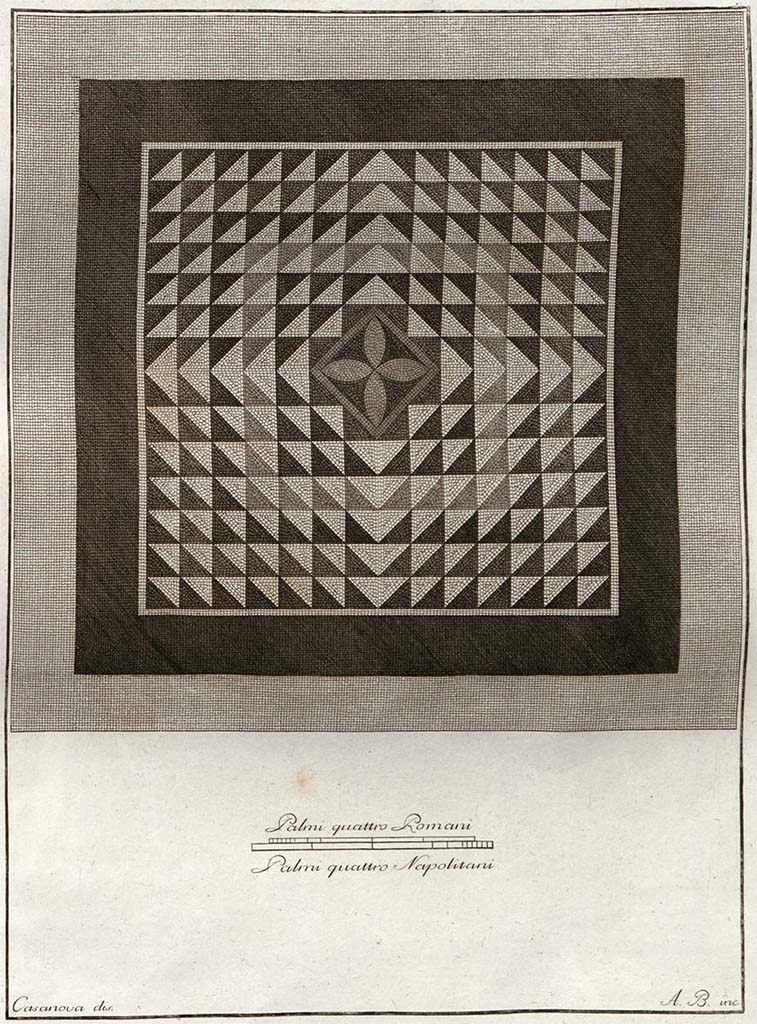No.2 - Reggia di Portici, pre-1796. Detail of mosaic flooring in Royal Apartments.
See Gli ornati delle pareti ed i pavimenti delle stanze dell'antica Pompei incisi in rame: 1838, and Gli Ornati (pt.1.1796)