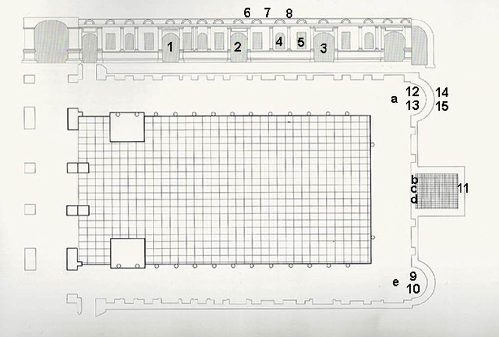 Herculaneum Augusteum. Plan showing location of some statues and frescoes.
1: Medea contemplating the death of her children (MANN 8976)
2: Alcestis and Admetus (MANN 9027)
3: Hercules strangling the snakes (MANN 9012)
4: Male Genius in flight holding a cornucopia (MANN 8828)
5: Reclining female figure with rhyton (MANN 9290)
    Also somewhere in the niches in long wall of portico were these figures of matching style: 
      Reclining female figure (Louvre P13)
      Reclining Leda with swan (Louvre P18)
6: Hercules fighting with the Nemean lion (MANN 9011)
7: Abduction of Hylas by nymphs (MANN 8864)
8: Hercules and the Erymanthian boar (MANN 9006)
9: The liberation of the Athenian children at the hands of Theseus (MANN 9049)
10: The musical education of Olympus by Marsyas (MANN 9151)
11: Jupiter among the clouds (MANN 9553)
12: The musical education of Achilles by Chiron (MANN 9109).
13: The recognising of Telephus by Hercules (MANN 9008). 
14: Architectural scene with caryatids and eagle (MANN 9825)
15: Architectural scene (MANN 8534) 
a: In front of these was a bronze statue of Claudius in heroic nude (MANN 5593)
b: Statue of a seated Augustus shown as Jove seated on his throne (MANN 6040)
c: The standing breast-plated Titus (MANN 6059) 
d: Statue of a seated Claudius (MANN 6056)
e: Bronze statue of Augustus in heroic nude, (MANN 5595).
Many other statues and frescoes were also found in the building.
See Guidobaldi, M.P. and Esposito D., 2013. Herculaneum: Art of a Buried City. New York: Abbeville Press, p. 341.
See Esposito D., 2014. La Pittura di Ercolano. Roma: L’Erma di Bretschneider, Tav 15.

