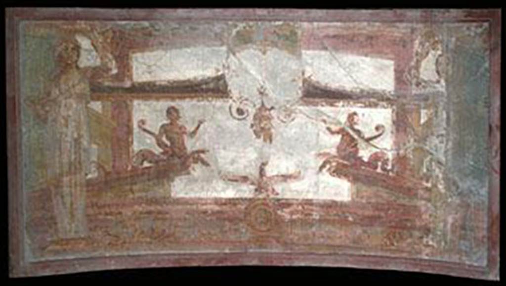 Herculaneum Augusteum. 2011. Apse at right rear corner. Architectural scene with standing figures, sea creatures, mask and eagle?
Now in Naples Archaeological Museum.
