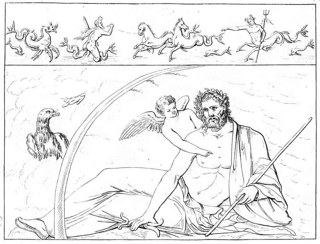 Herculaneum Augusteum. Pre-1843 drawing by Abbate of Jupiter among the clouds. 
Now in Naples Archaeological Museum. Inventory number 9553.
See Raccolta de più interessante Dipinture e di più belle Musaici rinvenuti negli Scavi di Ercolano, di Pompei, e di Stabia. 1843. Napoli, p. 145/260,.
