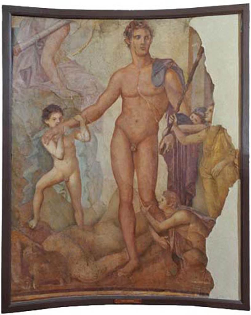 Herculaneum Augusteum. The liberation of the Athenian children at the hands of Theseus.
Now in Naples Archaeological Museum. Inventory number 9049.
According to Pagano and Prisciandaro, it was found in September 1739 with many others, in a large semi-circular room that was believed to be a Temple, and in the middle was a painting perfectly recognizable. Augusteum (or Basilica) Nap 9049.
See Pagano, M. and Prisciandaro, R., 2006. Studio sulle provenienze degli oggetti rinvenuti negli scavi borbonici del regno di Napoli. Naples: Nicola Longobardi. (P.182) 
See Le Antichità di Ercolano esposte Tomo 1, Le Pitture Antiche di Ercolano 1, 1757, Tav 5, found in 1739, Resina.
