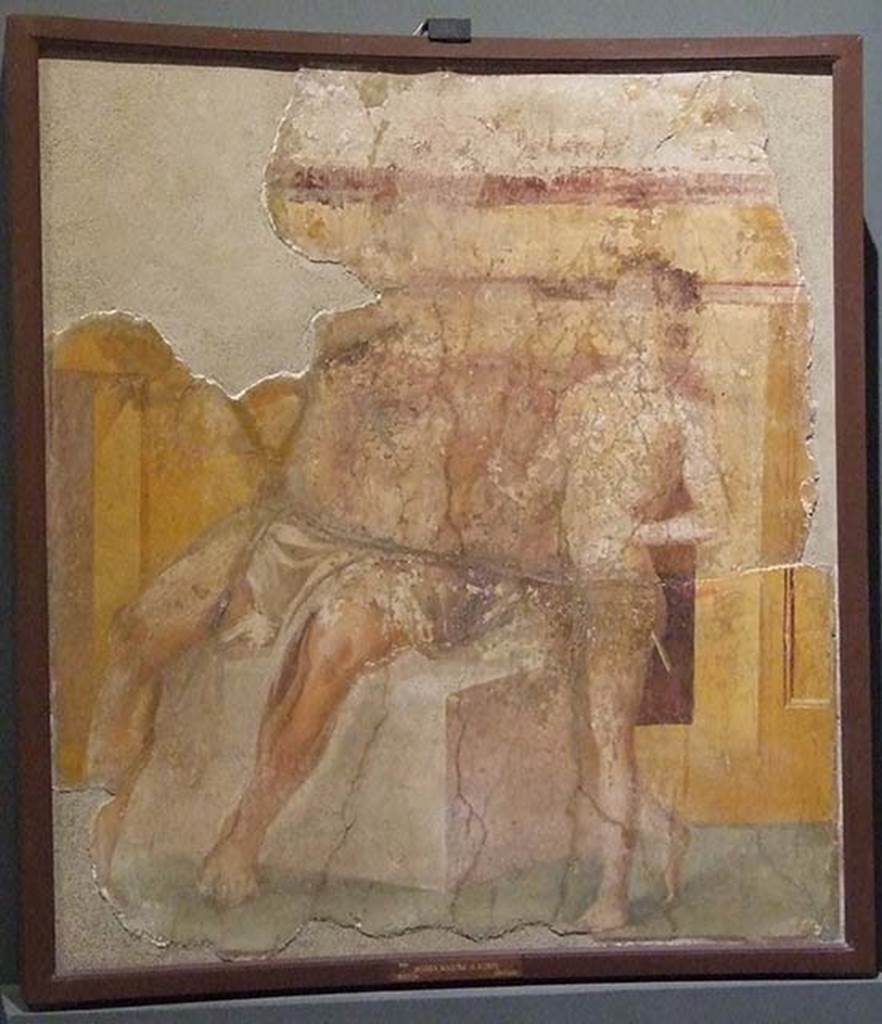 Herculaneum Augusteum. The musical education of Olympus by Marsyas.
Now in Naples Archaeological Museum. Inventory number 9151.
According to Pagano and Prisciandaro, this was found in September 1739 with many others, in a large semi-circular room that was believed to be a Temple, provenanced from the so-called basilica (Augusteum), the picture of Marsyas and Olympus.
See Pagano, M. and Prisciandaro, R., 2006. Studio sulle provenienze degli oggetti rinvenuti negli scavi borbonici del regno di Napoli. Naples: Nicola Longobardi. (P.182) 
See Le Antichità di Ercolano esposte Tomo 1, Le Pitture Antiche di Ercolano 1, 1757, Tav IX.
