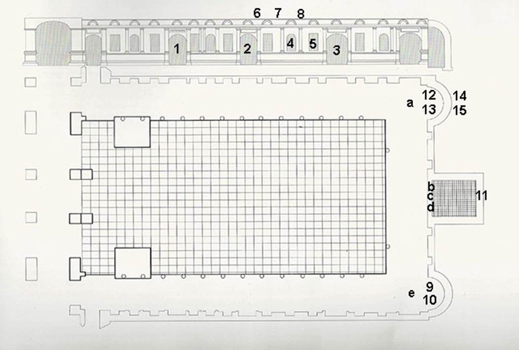 Herculaneum Augusteum. Plan showing location of some statues and frescoes.
1: Medea contemplating the death of her children (MANN 8976)
2: Alcestis and Admetus (MANN 9027)
3: Hercules strangling the snakes (MANN 9012)
4: Male Genius in flight holding a cornucopia (MANN 8828)
5: Reclining female figure with rhyton (MANN 9290)
    Also somewhere in the niches in long wall of portico were these figures of matching style: 
      Reclining female figure (Louvre P13)
      Reclining Leda with swan (Louvre P18)
6: Hercules fighting with the Nemean lion (MANN 9011)
7: Abduction of Hylas by nymphs (MANN 8864)
8: Hercules and the Erymanthian boar (MANN 9006)
9: The liberation of the Athenian children at the hands of Theseus (MANN 9049)
10: The musical education of Olympus by Marsyas (MANN 9151)
11: Jupiter among the clouds (MANN 9553)
12: The musical education of Achilles by Chiron (MANN 9109).
13: The recognising of Telephus by Hercules (MANN 9008). 
14: Architectural scene with caryatids and eagle (MANN 9825)
15: Architectural scene (MANN 8534) 
a: In front of these was a bronze statue of Claudius in heroic nude (MANN 5593)
b: Statue of a seated Augustus shown as Jove seated on his throne (MANN 6040)
c: The standing breast-plated Titus (MANN 6059) 
d: Statue of a seated Claudius (MANN 6056)
e: Bronze statue of Augustus in heroic nude, (MANN 5595).
Many other statues and frescoes were also found in the building.
See Guidobaldi, M.P. and Esposito D., 2013. Herculaneum: Art of a Buried City. New York: Abbeville Press, p. 341.
See Esposito D., 2014. La Pittura di Ercolano. Roma: L’Erma di Bretschneider, Tav 15.
