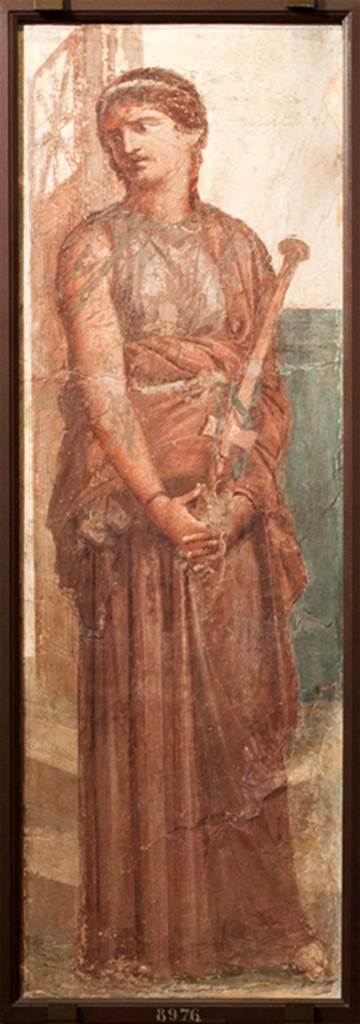 Herculaneum Augusteum. Found 31st December 1739, somewhere in a side portico. Medea contemplating the death of her children. 
Now in Naples Archaeological Museum. Inventory number 8976.
See Pagano, M. and Prisciandaro, R., 2006. Studio sulle provenienze degli oggetti rinvenuti negli scavi borbonici del regno di Napoli. Naples: Nicola Longobardi. (P.182) 
See Le Antichità di Ercolano esposte Tomo 1, Le Pitture Antiche di Ercolano 1, 1757, Tav 13, p. 69, no date, just Resina.

See Le Antichità di Ercolano esposte Tomo 1, Le Pitture Antiche di Ercolano 1, 1757, Tav 13, no date, just Resina.


