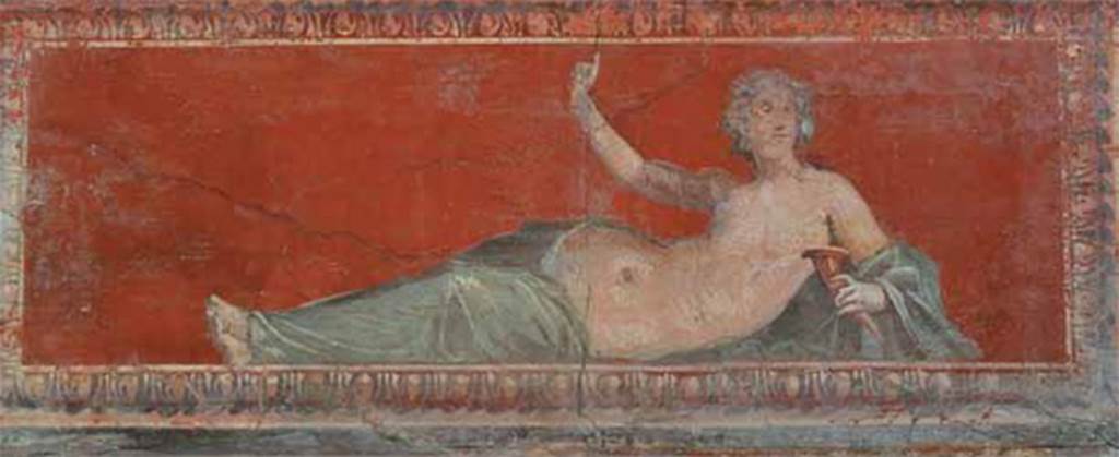 Herculaneum Augusteum. Niches in long wall of portico. Reclining female figure with rhyton.
Now in Naples Archaeological Museum. Inventory number 9290.
See Le Antichità di Ercolano esposte Tomo 4, Le Pitture Antiche di Ercolano 4, 1765, Tav 4, p. 17.
Three pictures, although found on different days, were in the same place: and formed all three the ornamentation above the door of a room.
See Pagano, M. and Prisciandaro, R., 2006. Studio sulle provenienze degli oggetti rinvenuti negli scavi borbonici del regno di Napoli.  Naples: Nicola Longobardi, p. 219.


