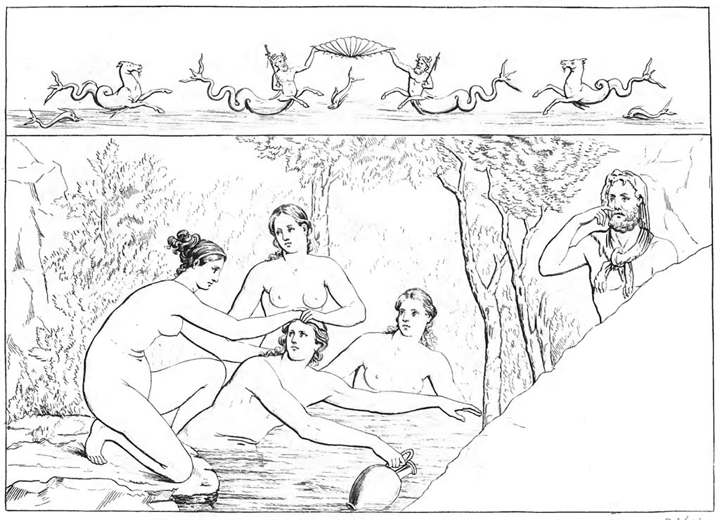 Herculaneum Augusteum. Pre-1843. Drawing by Abbate of Hylas and the nymphs.
Now in Naples Archaeological Museum. Inventory number 8864.
See Raccolta de più interessante Dipinture e di più belle Musaici rinvenuti negli Scavi di Ercolano, di Pompei, e di Stabia. 1843. Napoli, p. 159/260.
