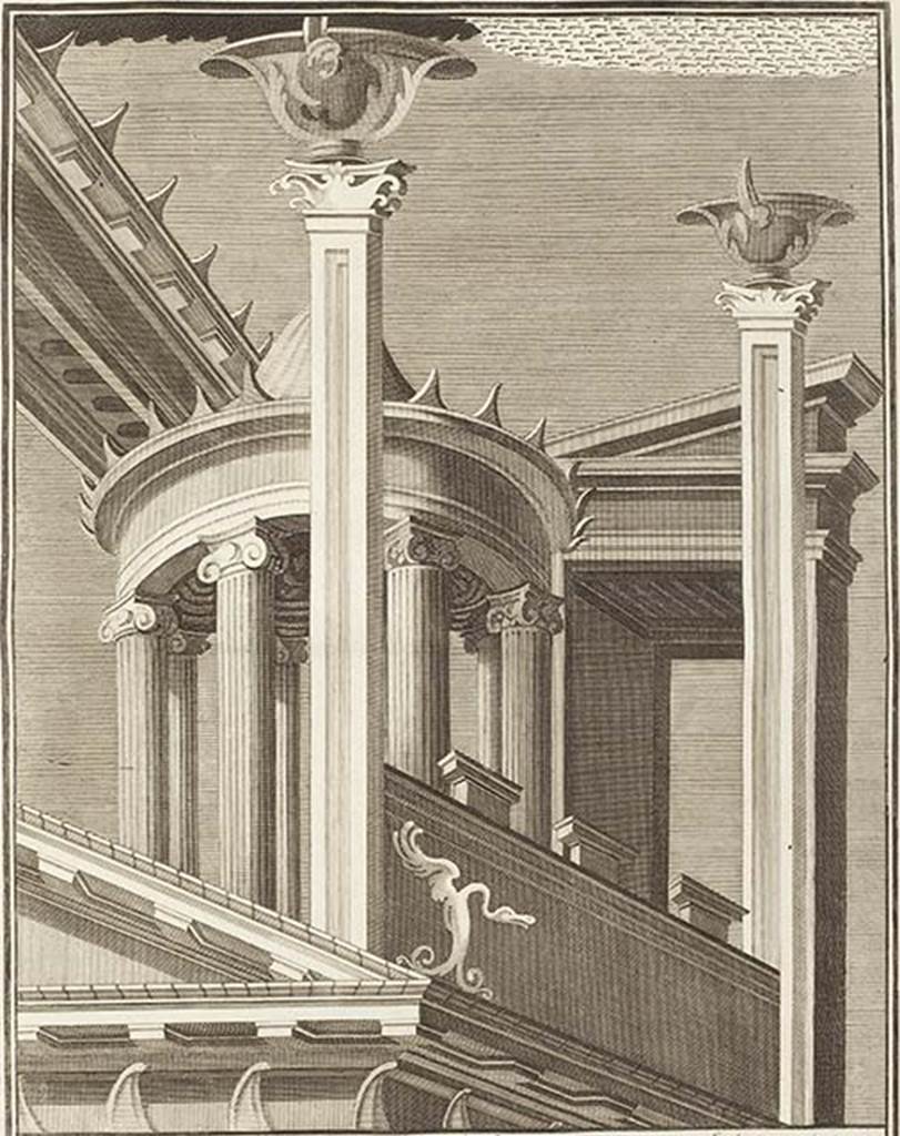 Herculaneum Augusteum. Found 2/9/1761. Architectural scene.
Now in Naples Archaeological Museum. Inventory number 9931.
See Le Antichità di Ercolano esposte Tomo 3, Le Pitture Antiche di Ercolano 3, 1762, Tav 60, 315.
