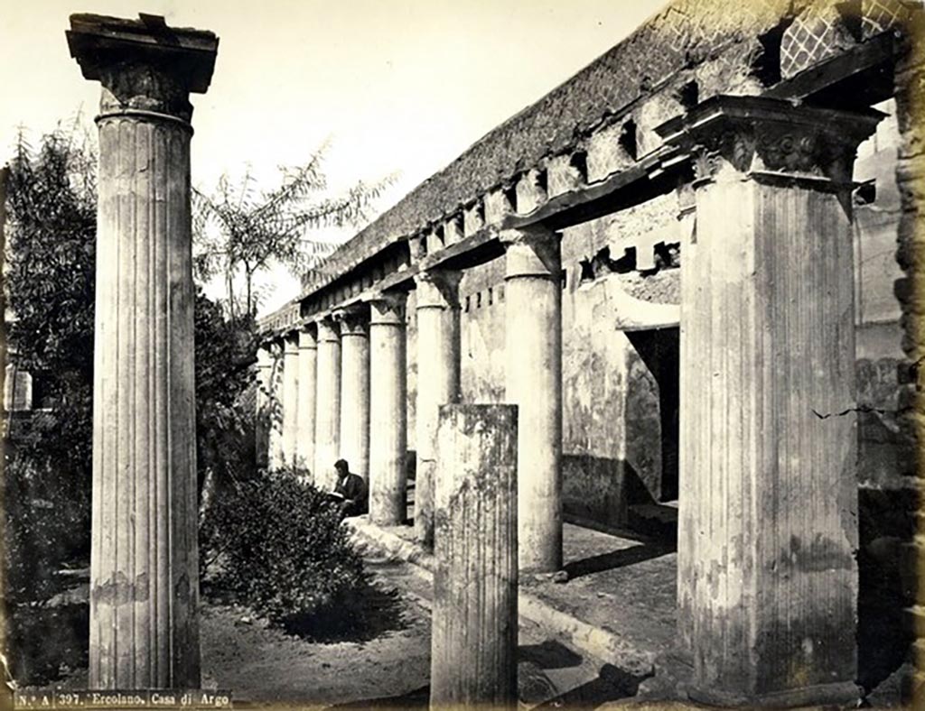 II.2 Herculaneum. Looking south along west portico of peristyle, from north portico.
Photograph No. 397, by Roberto Rive, (18..-1889).  Public domain, via Wikimedia Commons

