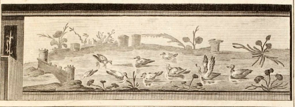 IV.21 Herculaneum, painting found 22nd January 1746. Nilotic landscape, with ducks, and birds. 
Now in Naples Archaeological Museum. Inventory number 9729.
See Antichit� di Ercolano: Tomo Primo: Le Pitture 1, 1757, 18, 97.
