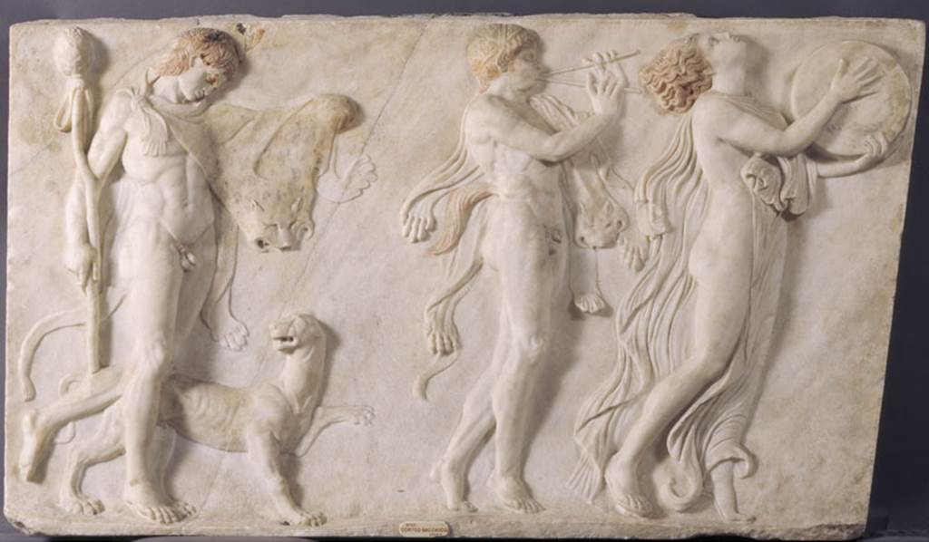 IV.21 Herculaneum. Panel with a Dionysiac procession. 
Now in Naples Archaeological Museum. Inventory number 6726.
According to Pagano & Prisciandaro, this was found on 20th March 1749, and described as a beautiful bas-relief showing a dionysiac procession with three figures and a panther.
See Pagano, M. and Prisciandaro, R., 2006. Studio sulle provenienze degli oggetti rinvenuti negli scavi borbonici del regno di Napoli. Naples: Nicola Longobardi. (p.206).
See Real Museo Borbonici, VII, 24.
