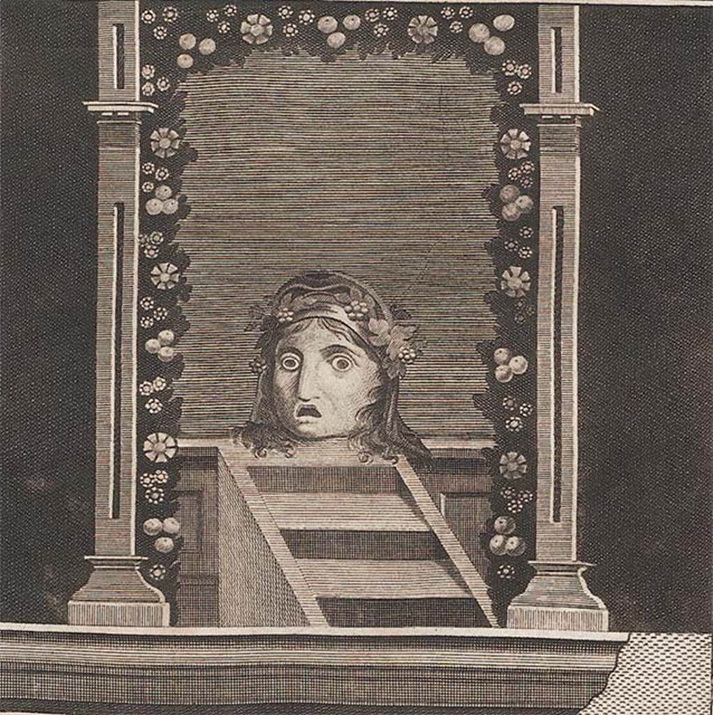 IV.21 Herculaneum. Triclinium 5, painting of Mask on blue background, found at the west end (left side) of the north wall, (not photographed).
Now in Naples Archaeological Museum. Inventory number 9806.
See Antichità di Ercolano: Tomo Quarto: Le Pitture 4, 1765, p. 175.
SeeTran Tam Tinh, (1988). La Casa dei Cervi a Herculanum. (p.43-44)