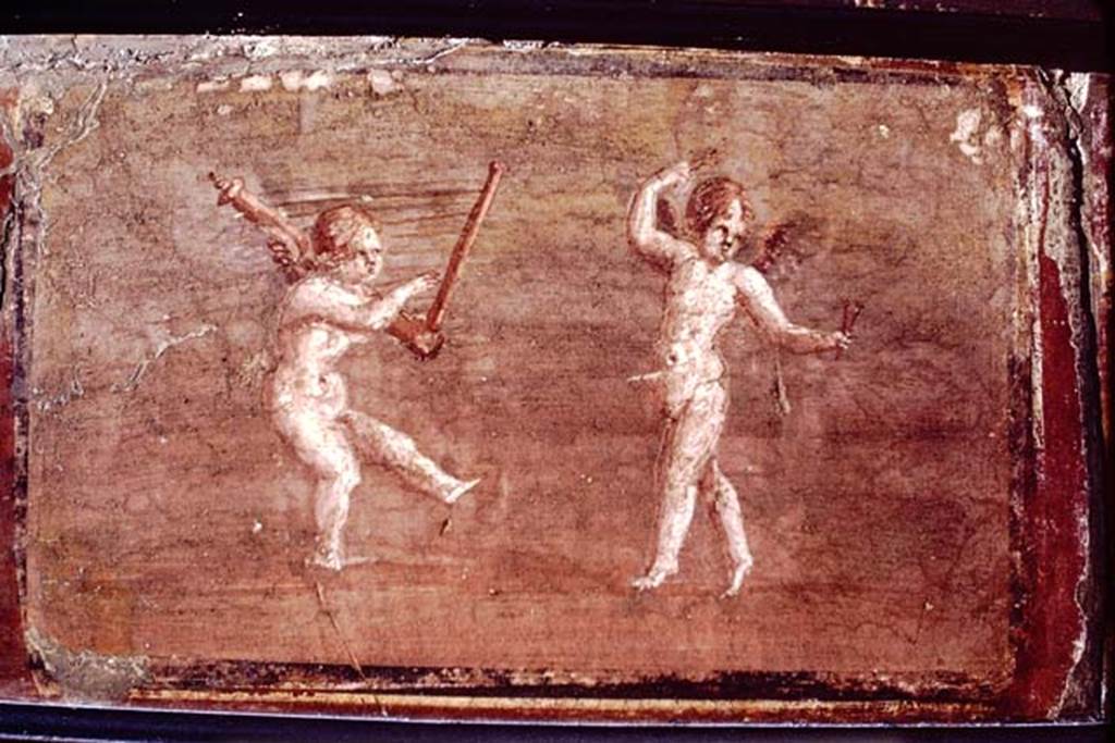 IV.21, Herculaneum. 1968. Two cupids. Photo by Stanley A. Jashemski.
Source: The Wilhelmina and Stanley A. Jashemski archive in the University of Maryland Library, Special Collections (See collection page) and made available under the Creative Commons Attribution-Non-Commercial License v.4. See Licence and use details.
J68f0814
Now in Naples Archaeological Museum. Inventory number 9176.
