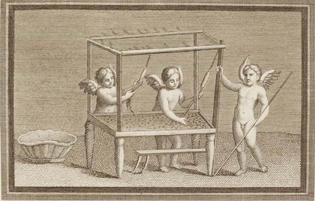 IV.21, Herculaneum. Small painting of Cupids weaving, found 13th August 1748 in the Scavi at Resina.
See Antichità di Ercolano: Tomo Primo: Le Pitture 1, 1757, tav XXXVI, p. 189
Now in Naples Archaeological Museum. Part of inventory number 9177.
