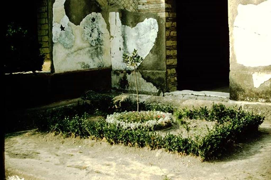 IV.21 Herculaneum. 1957. Looking north across garden terrace on west side of Room 18.
Window, on left, belonging to diaeta 23, the small room overlooking small garden terrace on west side of pergola. 
Doorway leading to Cryptoporticus 30, on right. Photo by Stanley A. Jashemski.
Source: The Wilhelmina and Stanley A. Jashemski archive in the University of Maryland Library, Special Collections (See collection page) and made available under the Creative Commons Attribution-Non-Commercial License v.4. See Licence and use details.
J57f0458
