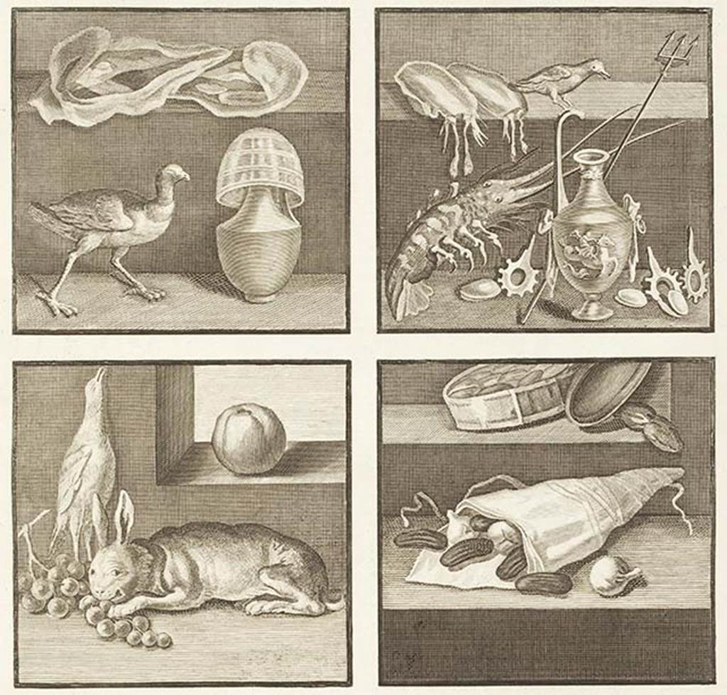 IV.21 Herculaneum. Oecus 16 on west side of terrace, 4 paintings of fowl, seafood, rabbit and various fruits.  
The first three are now in Naples Archaeological Museum. Inventory number 8644.
According to AdE, the fourth, with the basket and the fruit, was a separate catalogue number.
Found in the excavations of Portici, this picture and the previous one.
See Antichità di Ercolano: Tomo Secondo: Le Pitture 2, 1760, p. 301, Tav. LVII.