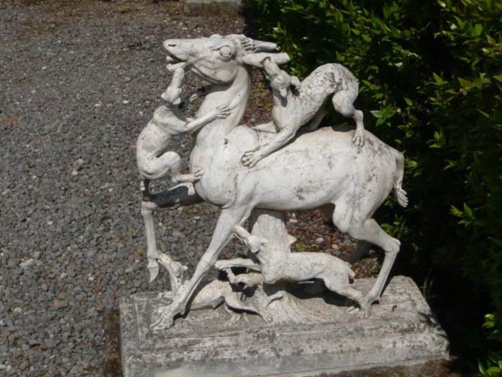 IV.21 Herculaneum, May 2009. Statue of deer being attacked by hounds, according to Maiuri these two groups of deer were found in a part of the garden which had not been traversed by the underground tunnels. Photo courtesy of Buzz Ferebee.
