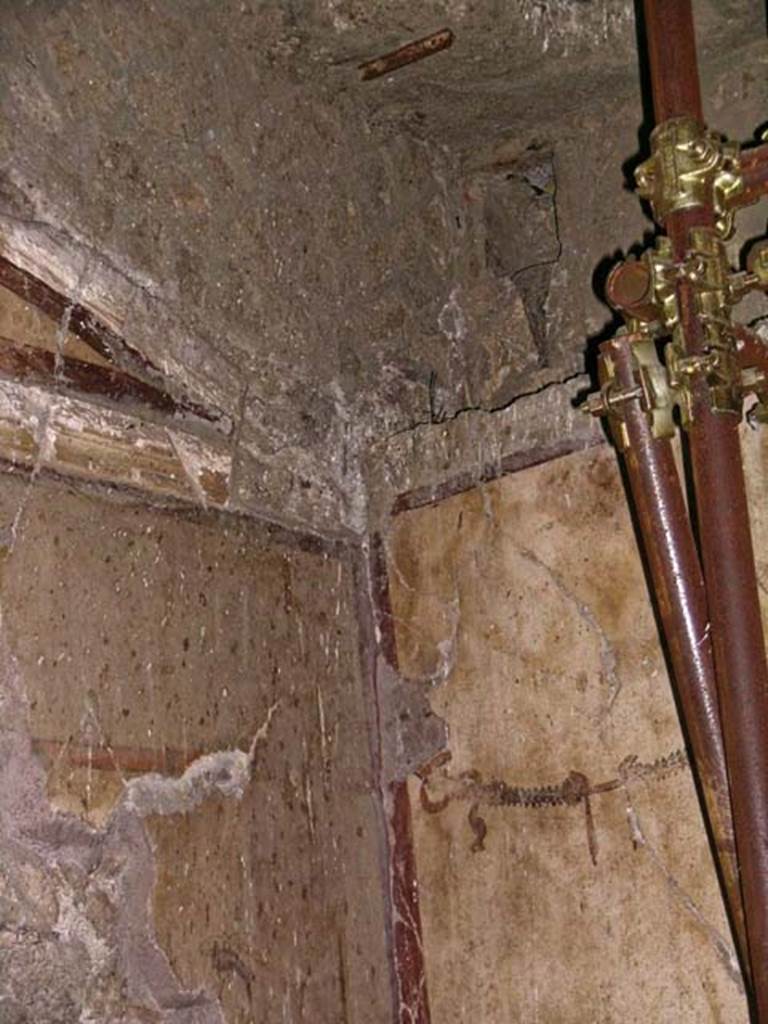 V.15, Herculaneum. December 2004. 
North-west corner of cubiculum in north-west corner of atrium, with vaulted ceiling above west wall. 
Photo courtesy of Nicolas Monteix.

