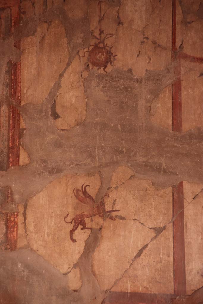 V.15 Herculaneum, October 2020. Detail of painted panel from upper south wall of atrium, towards south-west corner. Photo courtesy of Klaus Heese.
0410 Herkulaneum - Casa del Bicentenario (V.15) - Raum (3) - Atrium - S�dwand - re oben - Detail.

