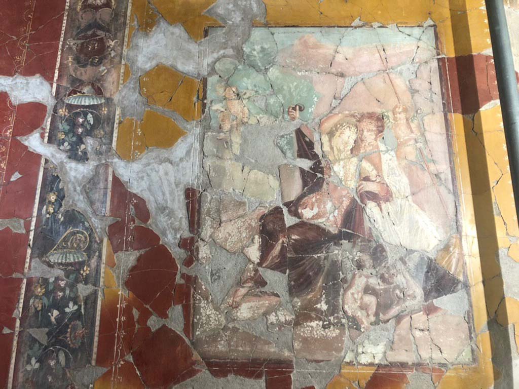V.15 Herculaneum. October 2019. Central painting of Mars and Venus from east wall of tablinum. 
Photograph � Parco Archeologico di Pompei.

