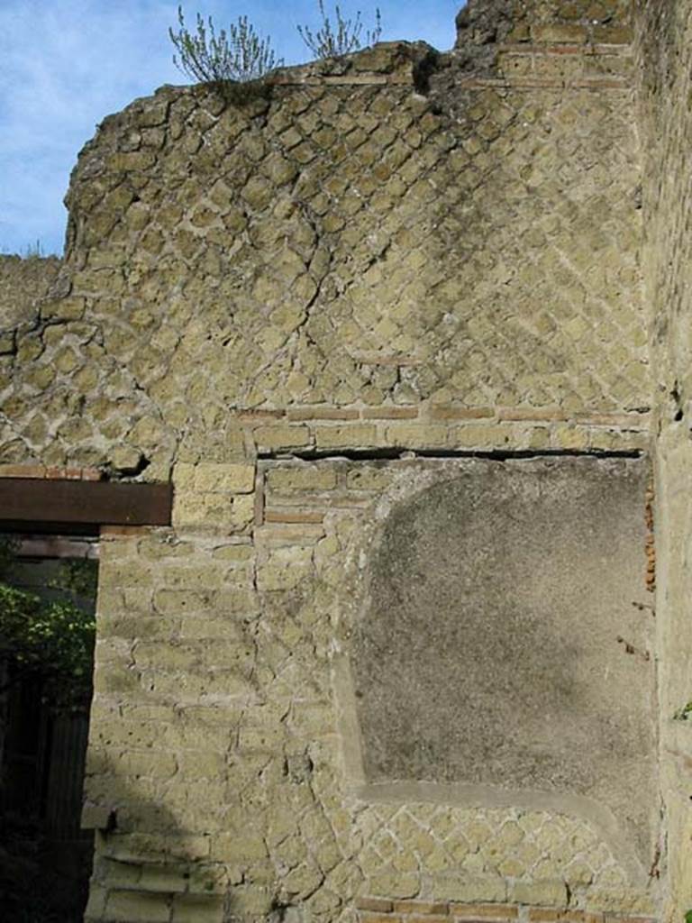 V.15, Herculaneum, May 2003. Detail from north wall in north-east corner of large oecus.
Photo courtesy of Nicolas Monteix.
