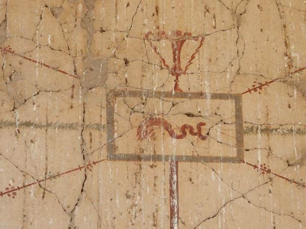 VI.29 Herculaneum. May 2018. Tablinum 5, painted panel from upper west (left) end of north wall. Photo courtesy of Buzz Ferebee.
