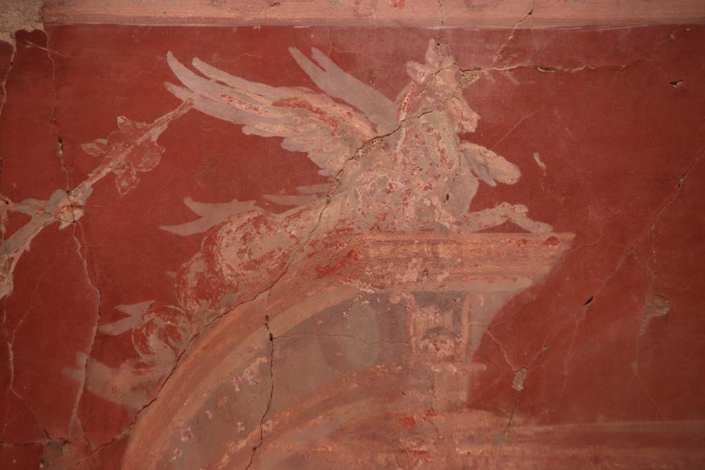 VI.29 Herculaneum. October 2020.  Room 7, oecus, detail from the west (left) end of the centre of the north wall. Photo courtesy of Klaus Heese. 