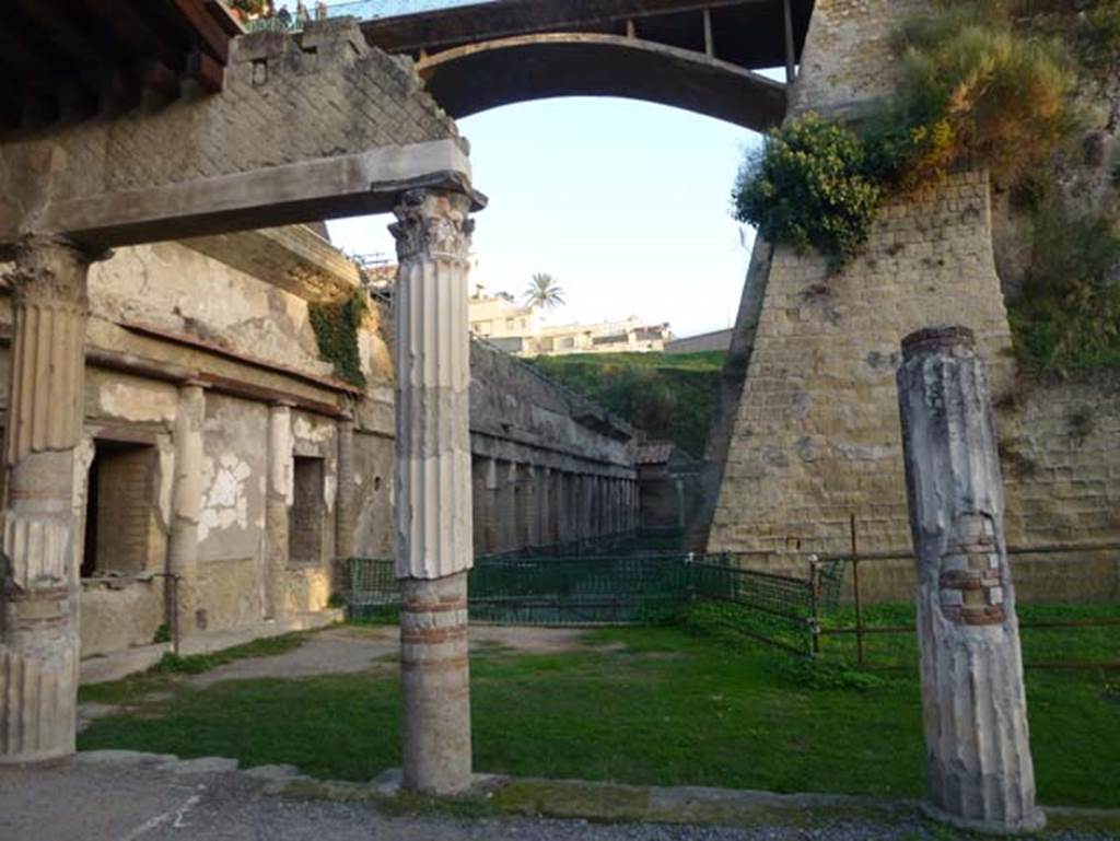 Ins. Orientalis II 4, Herculaneum, October 2012. Looking north-east towards cryptoporticus at north end, below the access bridge. Photo courtesy of Michael Binns.
