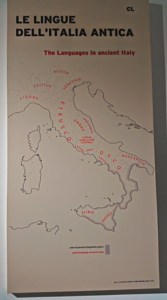 “The Languages in ancient Italy” information card from Naples Archaeological Museum.
Photo courtesy of Giuseppe Ciaramella, June 2017.