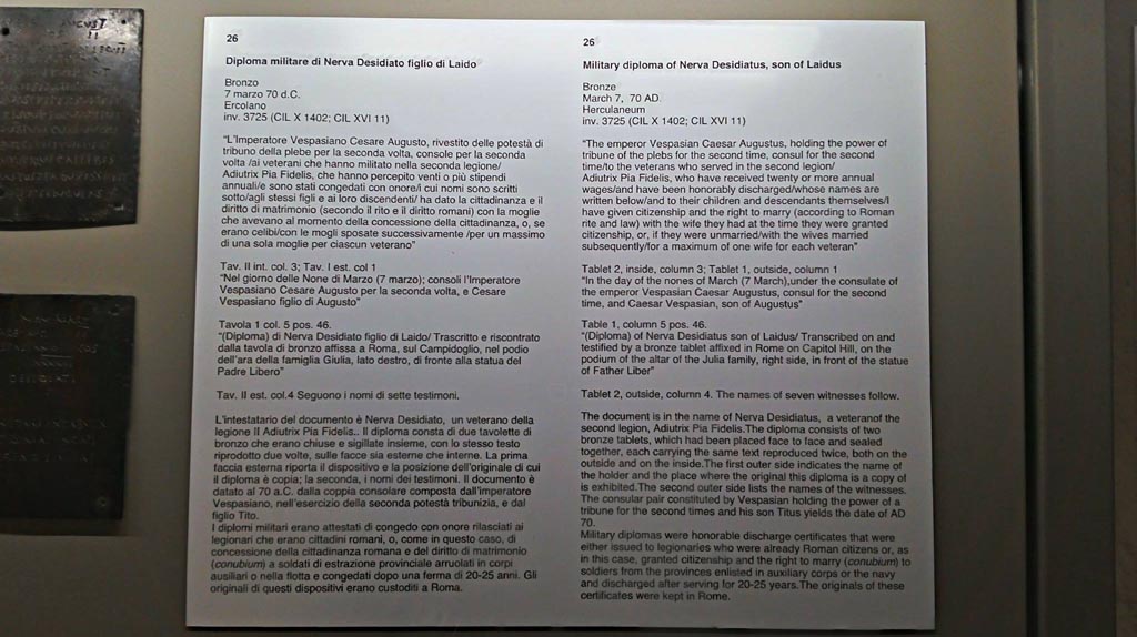 Herculaneum, bronze diploma information card from Naples Archaeological Museum, inventory number 3725 (CIL X 1402; CIL XVI 11).
Photo courtesy of Giuseppe Ciaramella, June 2017.