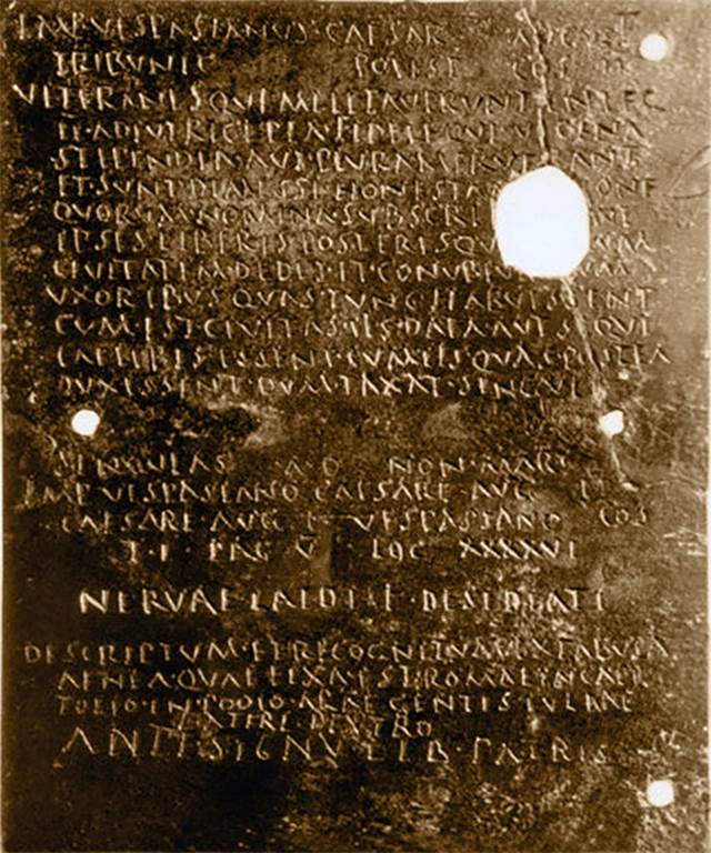 Herculaneum, but provenance unknown. Outside of tablet 1, part 1 of the diploma.
Bronze military diploma of Nerva Desidiatus, son of Laidus.
Now in Naples Archaeological Museum, inventory number 3725.