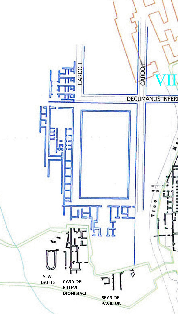 Cardo I and II, Herculaneum. Plan showing relationship to parts of the Villa of the Papyri complex. After Pagano 2007.
The plan shows the recently excavated Casa dei Rilievi Dionisiaci and the Seaside Pavilion which appear to align with the rest of insula I and II. 
The steps at the bottom of Cardo II have been found in these new excavations towards the Villa of the Papyri.
The same excavations verify the Bourbon maps in suggesting that the westernmost block of the town was thinner than the others, with an offset profile, narrowed by the steep drop in the land presumably caused by the passage of the westernmost of the two rivers described by the Roman historian Lucius Cornelius Sisenna:
“Oppidum tumulo in excelso loco propter mare, parvis moenibus, inter duos fluvios infra Vesuvium collocatum”
(The town, enclosed by small walls, stands on top of a promontory by the sea between two rivers at the bottom of Vesuvius)
See Wallace-Hadrill, A., 2011. Herculaneum Past and Future. London: Frances Lincoln, p. 98-99.

