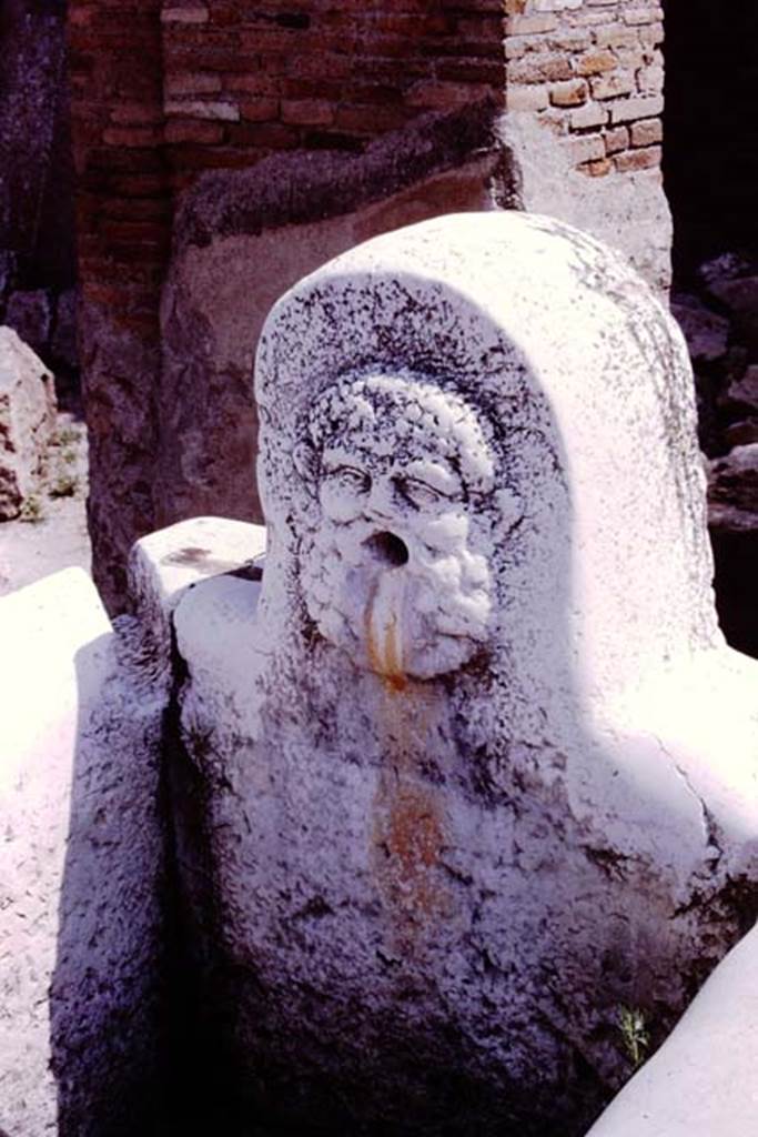 Fountain decorated with head of Hercules, Herculaneum. 1975. Photo by Stanley A. Jashemski.   
Source: The Wilhelmina and Stanley A. Jashemski archive in the University of Maryland Library, Special Collections (See collection page) and made available under the Creative Commons Attribution-Non Commercial License v.4. See Licence and use details. J75f0710
