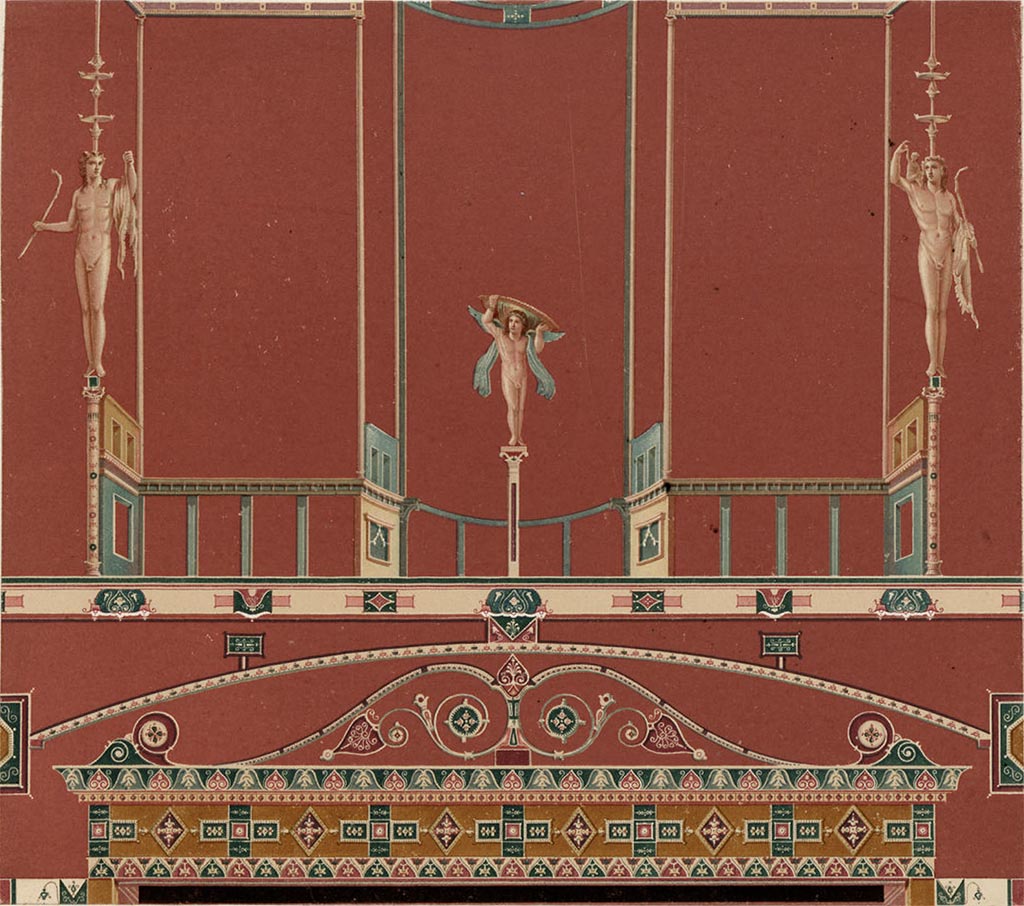 Ercolano Casa vicino al Teatro or Herculaneum House near the Theatre. Architectural painting with satyrs.
Restoration painting by A. Sikkard.
See Mau, A. 1882. Geschichte der Decorativen Wandmalerei in Pompeji. Berlin: Reimer, Taf. XIX.

